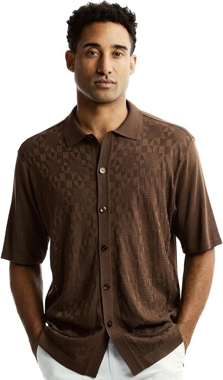 NEW Edition S Men's Brown Geometric Short Sleeve Button Up Shirt Size M
